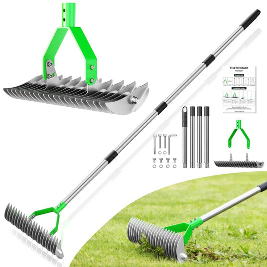 Thatch Rake for Lawn with 68" Adjustable Handle, 15" Heavy Duty Dethatcher Rake for Lawn, Thatching Rake with Dual-Action Tines, Dethatching Rake for Efficiently Removes Dead Grass, Loosens Soil
