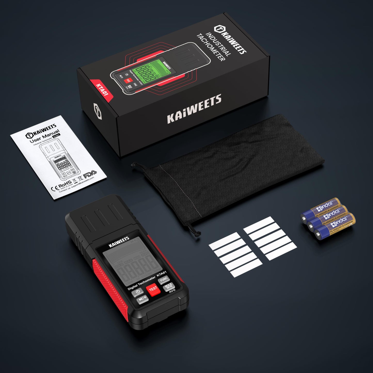 KAIWEETS Non Contact RPM Tachometer with Reflection Tape, 10-99999 RPM High Accuracy Laser Digital Tachometer with Large LCD, RPM Meter with Backlight, Data Hold, and Max/Min/AVG Function