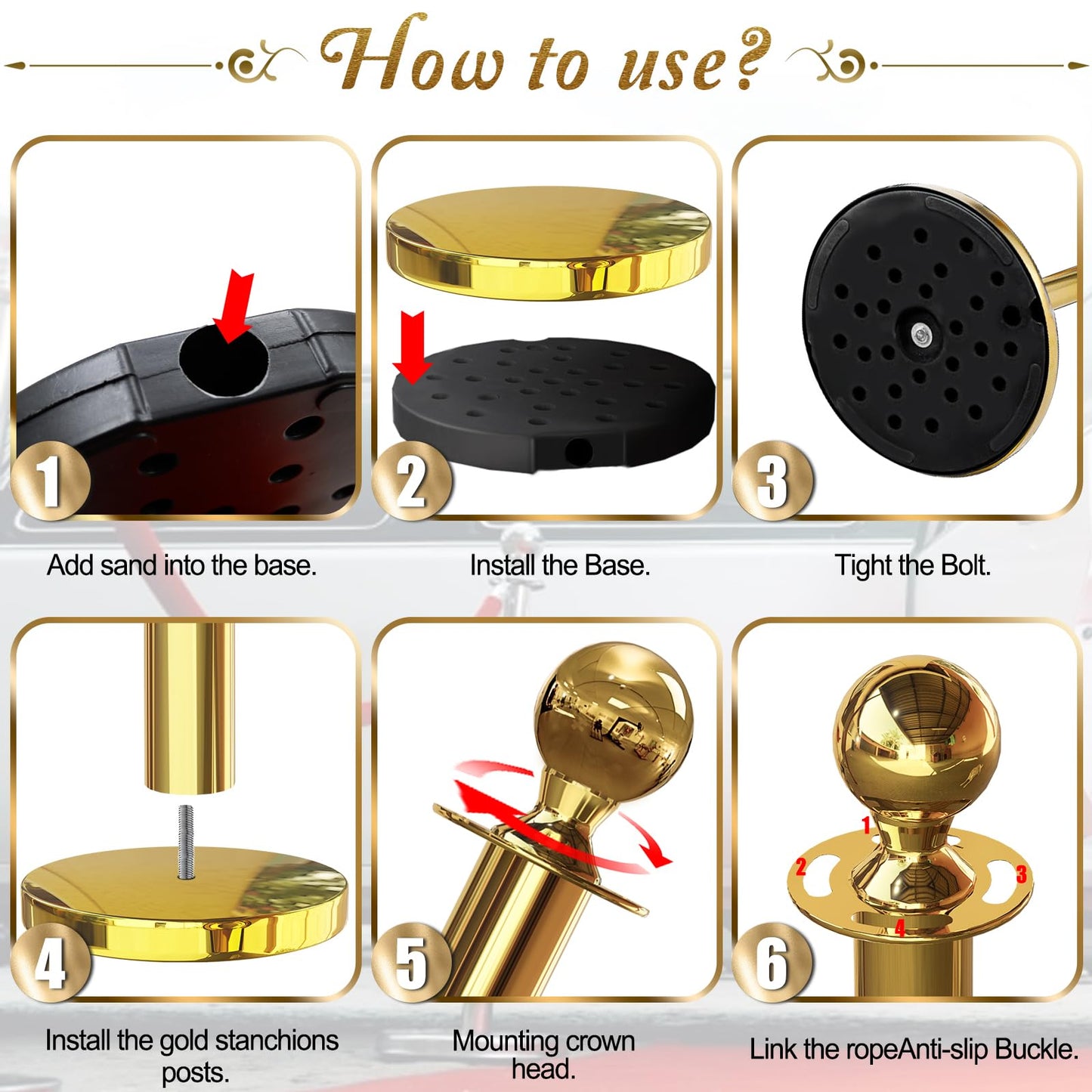 JLXMAXLJ 6PCS Gold Stanchions Posts with 4PCS 5 ft Red Velvet Rope, Red Velvet Rope Stanchion Set Crowd Control Barriers, Stanchions and Velvet Ropes Red Carpet Poles for Party Supplies