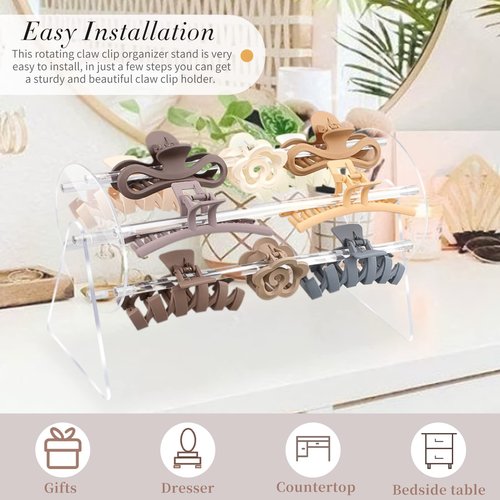 SNOWSTAR Acrylic Claw Clip Organizer Holder,360-Degree Rotating Claw Clip Holder and Storage,Hair Clip Organizer Display Clear Stand for Women and Girls
