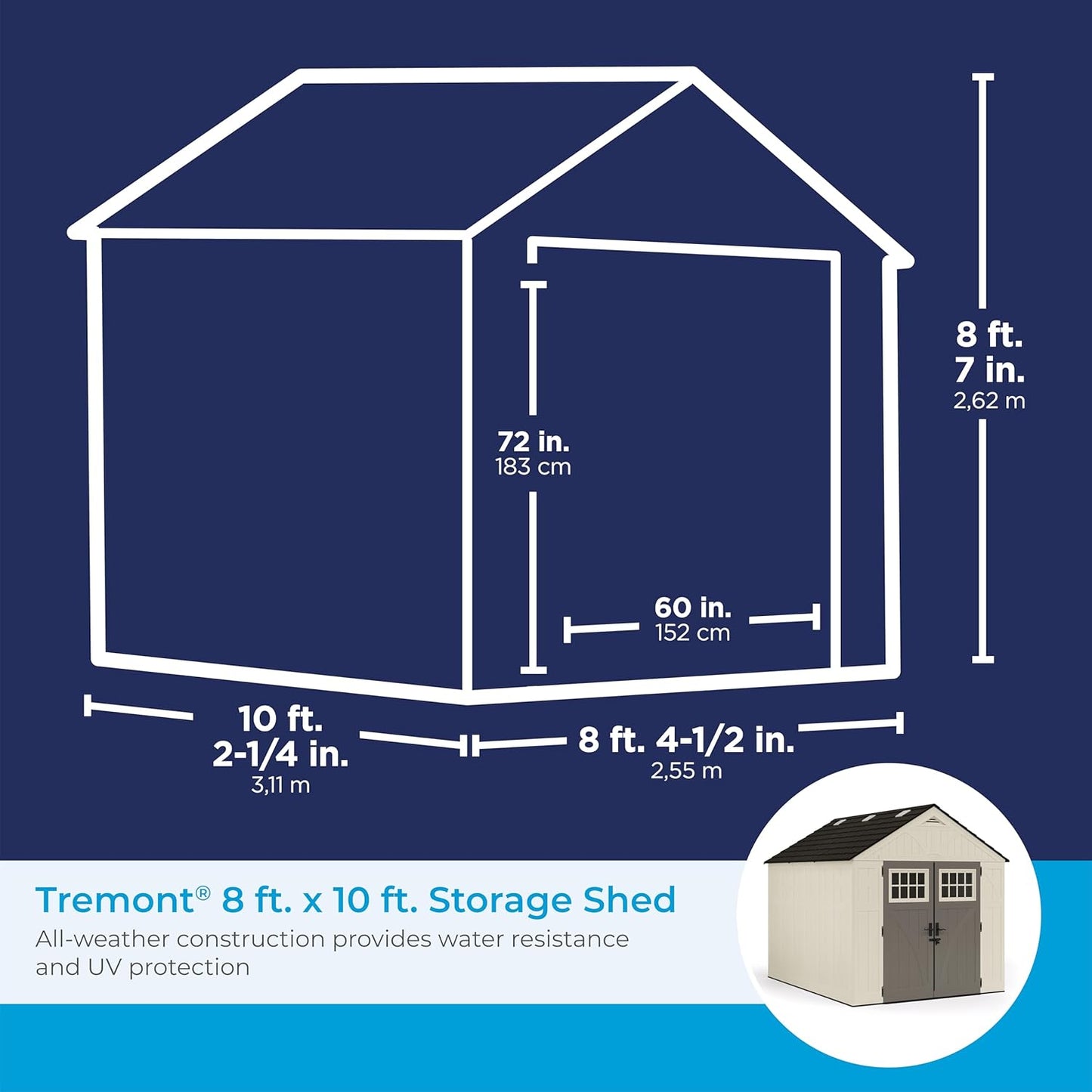 Suncast 8’x10’ Tremont Resin Shed, Vanilla & Slate – Backyard Storage Unit with Skylights, Corner Shelves, Reinforced Floor & Double Doors – Store Lawn Mower, Garden Equipment & Outdoor Tools
