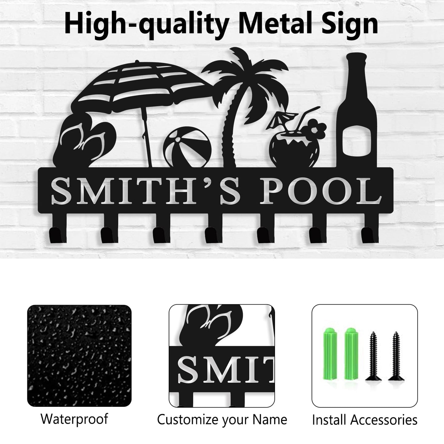 Custom Pool Towel Rack Wall Mount Personalized Name Metal Sign Poolside Towel Hook Outdoor Custom Towel Holder Organizer Pool Accessories for Robe, Towel, Coat, Swimsuit, Umbrella, Bag, Keys