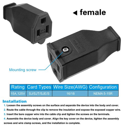 TENINYU 2-Pole, 3 Wire Grounding Plug Female Extension Cord Straight Blade Plug Replacement Electrical Connector End, 15A 125V Black,3Pack (Female)
