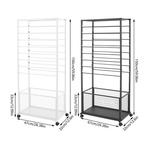 16 -Tier Ribbon Holder Organizer Rack, Double-Sided Ribbon Storage Holder on Wheel, Multifunctional Flower Wrapping Paper Storage Stand for Boutique (Black, 26.38''W × 12.6''D × 59.06''H,)