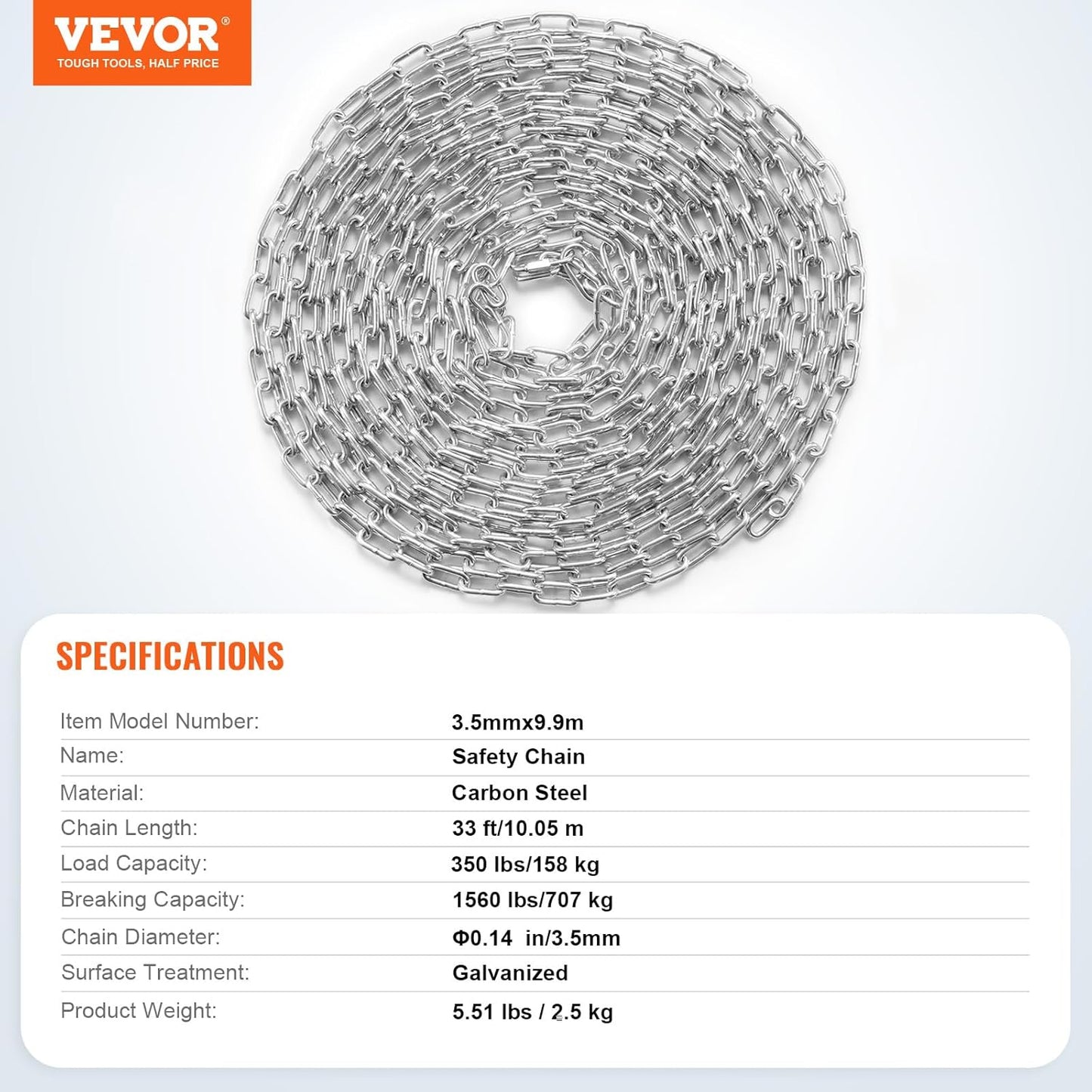 VEVOR Grade 30 Chain 3/16 Inch by 100Ft Length Grade 30 Proof Coil Chain Zinc Plated Grade 30 Chain for Towing Logging Agriculture and Guard Rails