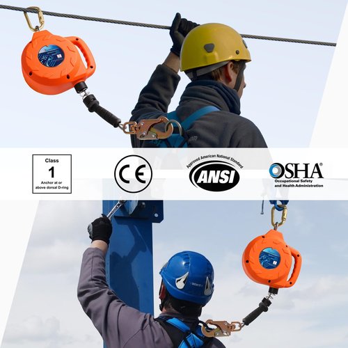 TRSMIMA Fall Protection Retractable Lanyard - 30ft Self-Retracting Fall Arrest Safety Construction Roofing Galvanized Steel Cable Two Internal Shock Absorber System Waterproof Housing