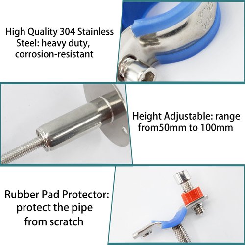 bociloy 304 Stainless Steel Wall Mount Ceiling Mount Pipe Supports, Adjustable Pipe clamp Fixed Support Pipe Strap Bracket for 1/2inch (19-23mm ) Diameter Tubes, Adjustable Height 50-100mm, 2PCS