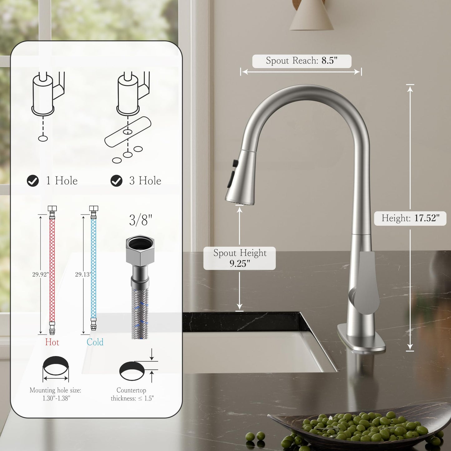 FORIOUS High Kitchen Faucet with Pull Down Sprayer Brushed Nickel, High Arc Stainless Steel Faucet for Kitchen Sink Single Handle 3 Modes with Deck Plate for 1 or 3 Hole, Fit for RV Bar Laundry