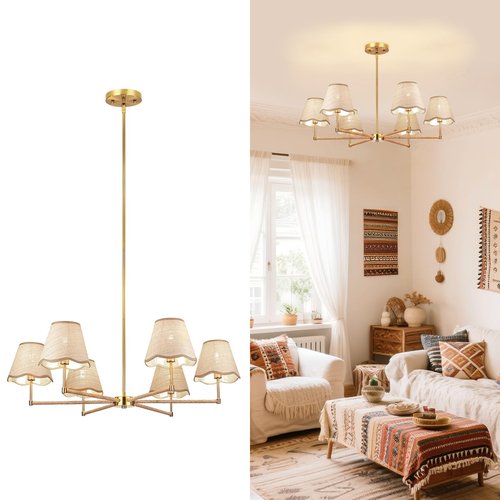 ZORYATA Boho Rattan Chandelier, 6-Light Gold Hanging Ceiling Light Fixture, Adjustable Rustic Pendant Lamp for Dining Room, Kitchen Island, Living Room, Bedroom, Sloped Ceiling Lighting