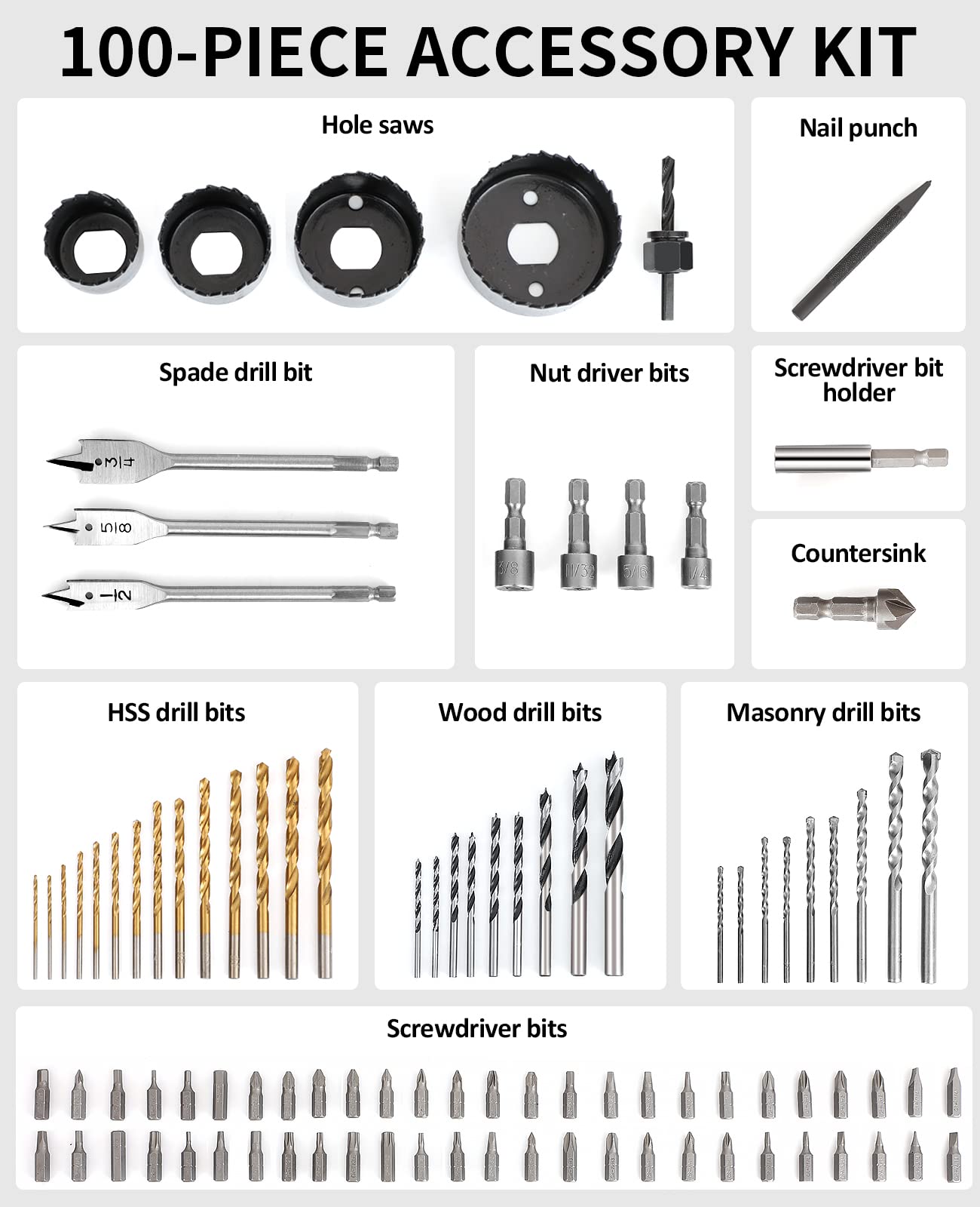AVID POWER Drill Bit Set, Titanium Twist Brad Point Driver Bits, Drill and Screwdriver Bits Combo Kit with Case for Metal, Wood, Concrete and Masonry, 100 Pieces
