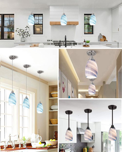 Oval Glass Pendant Lamp Shade - Grey Blue Art Glass Light Covers for Kitchen Island Pendant Light Fixtures Replacement
