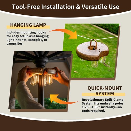 OPOIRA Dark Wood Grain Patio Umbrella Light with Remote Control, Rechargeable Cordless LED Edison Bulbs Pole Light with 10 Brightness Levels for Garden, Patio, Backyard, Camping or BBQ (2 Pack)