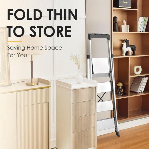 HBtower 4 Aluminum Step Ladder, Strudy Ladders for Home with Tool Tray, Anti-Slip Folding Step Stool for Adults, Light Weight Portable 330lbs Safety for Kitchen Warehouse Outdoor Work