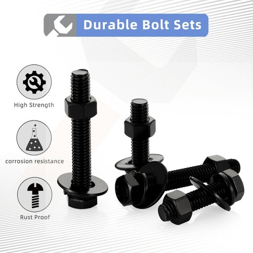 1/4-20 x 3 Hex Head Screws Bolts, Nuts, Flat & Lock Washers, Fully Threaded, Stainless Steel 18-8, Black Finish, 8 Sets