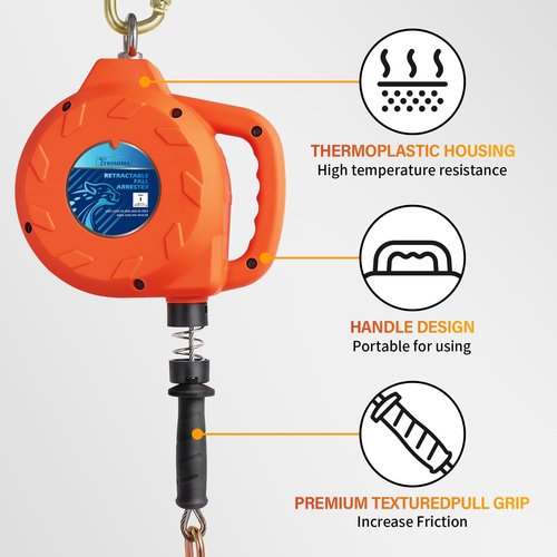 TRSMIMA Fall Protection Retractable Lanyard - 30ft Self-Retracting Fall Arrest Safety Construction Roofing Galvanized Steel Cable Two Internal Shock Absorber System Waterproof Housing