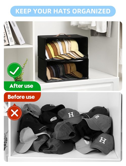 Beveetio 2 Pack Front-Opening Hat Organizer for Baseball Caps, Stackable Rigid Hat Storage Box with Clear Window, Space Saving Baseball Cap Organizer Holder for Closet, Holds Up to 30 PCS