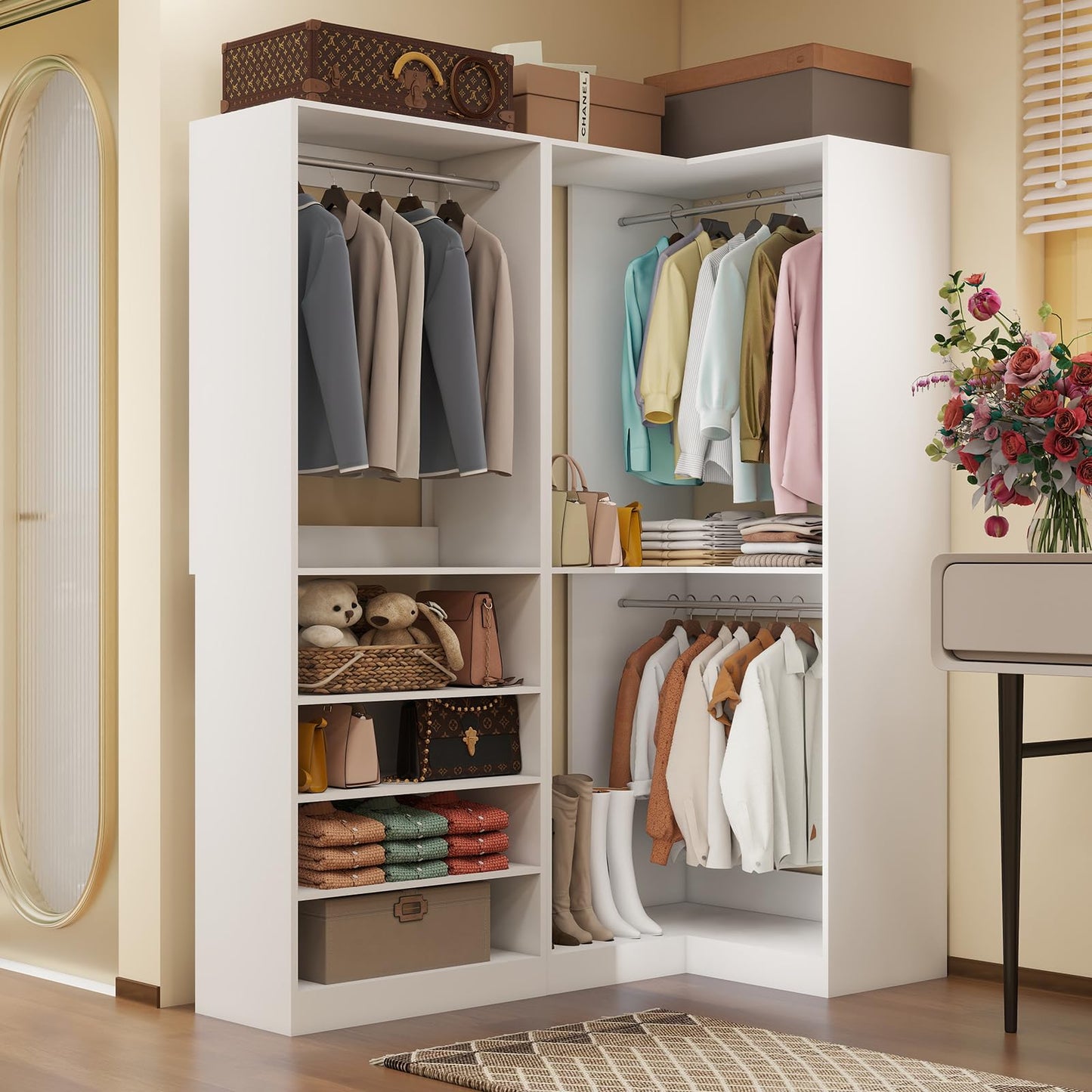 Closet Organizer Systems with 5 Hanging Rods & Adjustable Shelves Walk in Storage Closet Free Standing Closet System Corner Closet System 2 Set, White