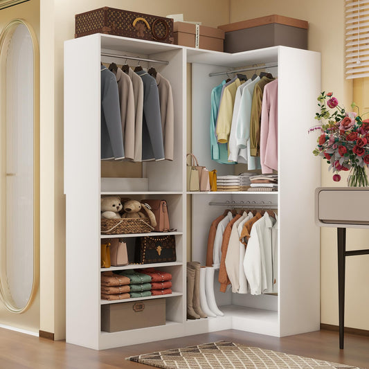 Closet Organizer Systems with 5 Hanging Rods & Adjustable Shelves Walk in Storage Closet Free Standing Closet System Corner Closet System 2 Set, White