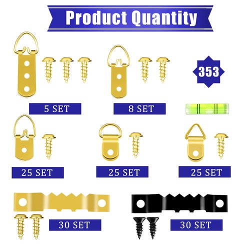 maierke 353PCS Golden Picture Hanging Kit,Picture Hangers Heavy Duty Picture Hanging Hooks with Screws,Picture Frame Hooks Heavy Duty Picture Framing Supplies Kit for Picture Hanging(7 Types)