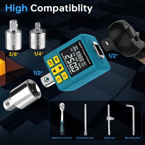 Upgrade Digital Torque Adapter, (±1% Accuracy, 12.5-250Ft-lb), 1/2" Digital Torque Wrench Adapter for Car, Versatile Meter - Smart Alert | Peak/Track | Preset | Store/Delete, for Automotive(340N.m)