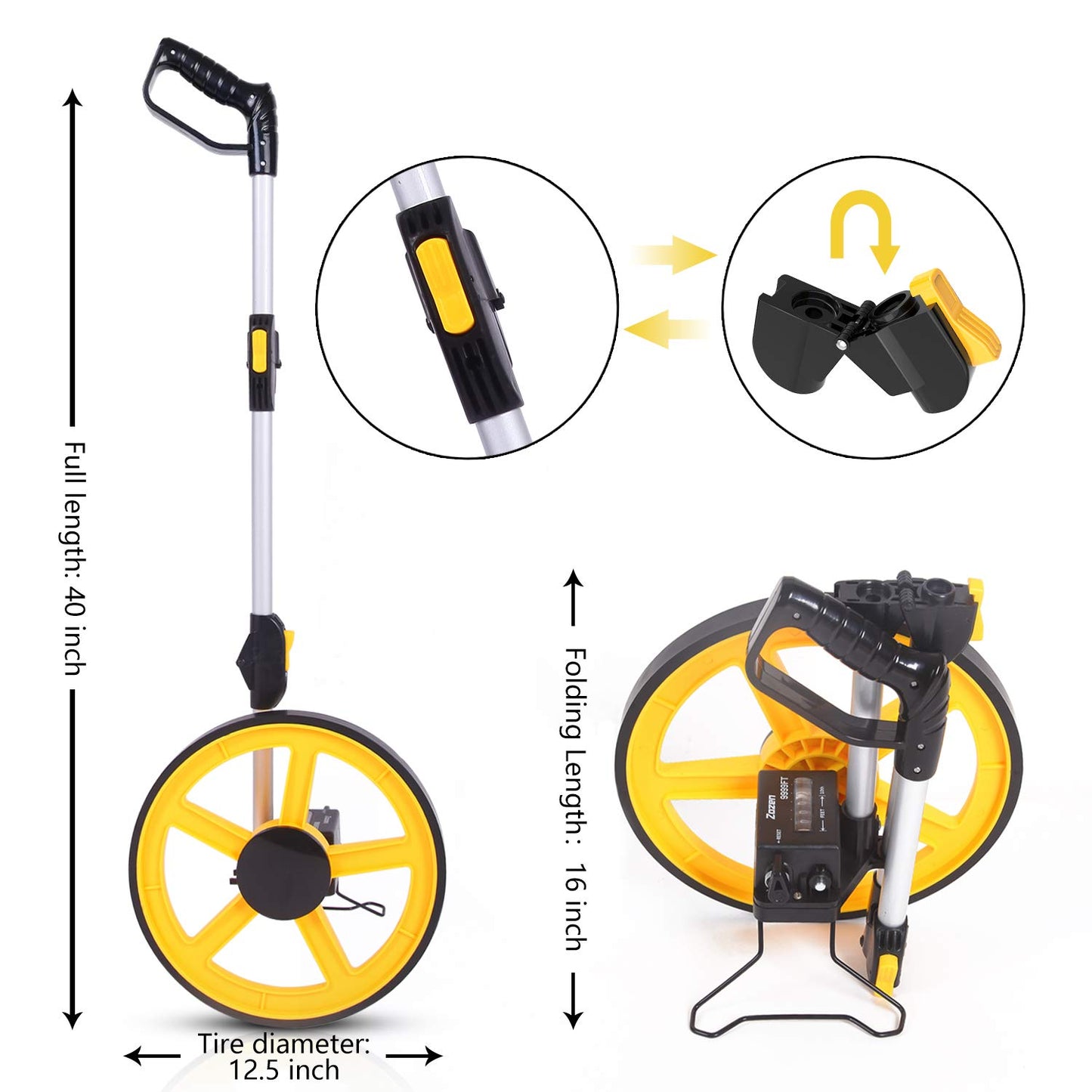 Zozen Measuring Wheel, Folding Portable Distance Measuring in Feet, Double Collapsible | One Key to Reset/Kickstand to Keep Stand/Starting Point Arrow and Cloth Carrying Bag, [0-9,999 Ft].