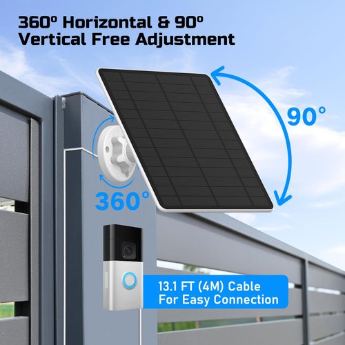 Solar for Ring Doorbell, Suitable for Battery Video Doorbell Plus, Ring Video Doorbell 3/3 Plus/4, Easy Installation & 360°Adjustable Mount, Waterproof, Fast Charging Cable