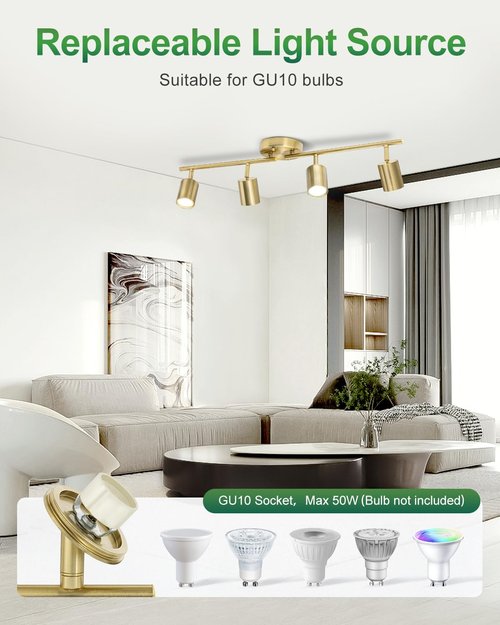 Fondiiz 4 Ways Track Lighting, Rotatable Heads Tracks Light, Track Lightings Fixtures Ceiling with Foldable Arms, Modern Gold Tracks Light for Kitchen, Living Room, Hallway(Bulbs Not Included)