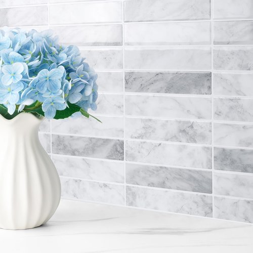 FunStick 15pcs Peel and Stick Subway Tile Backsplash for Kitchen Wall 12x12 Removable Marble Grey White Peel and Stick Tile for Bathroom Shower Renters Self Adhesive Back Splash Stick on Tiles Sticker