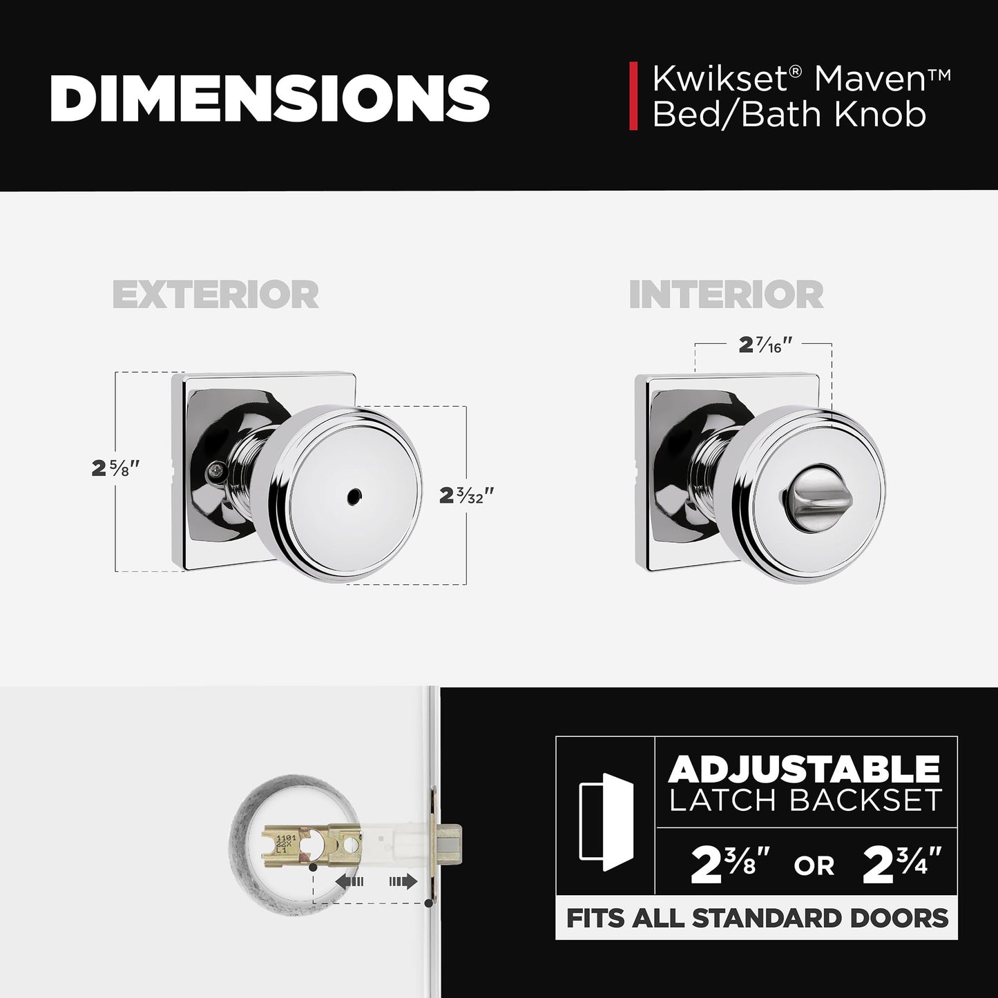 Kwikset Maven Interior Privacy Door Knob with Lock, Square Door Handle for Bathroom and Bedroom, Polished Chrome Keyless Turn Lock Doorknob, with Microban Protection