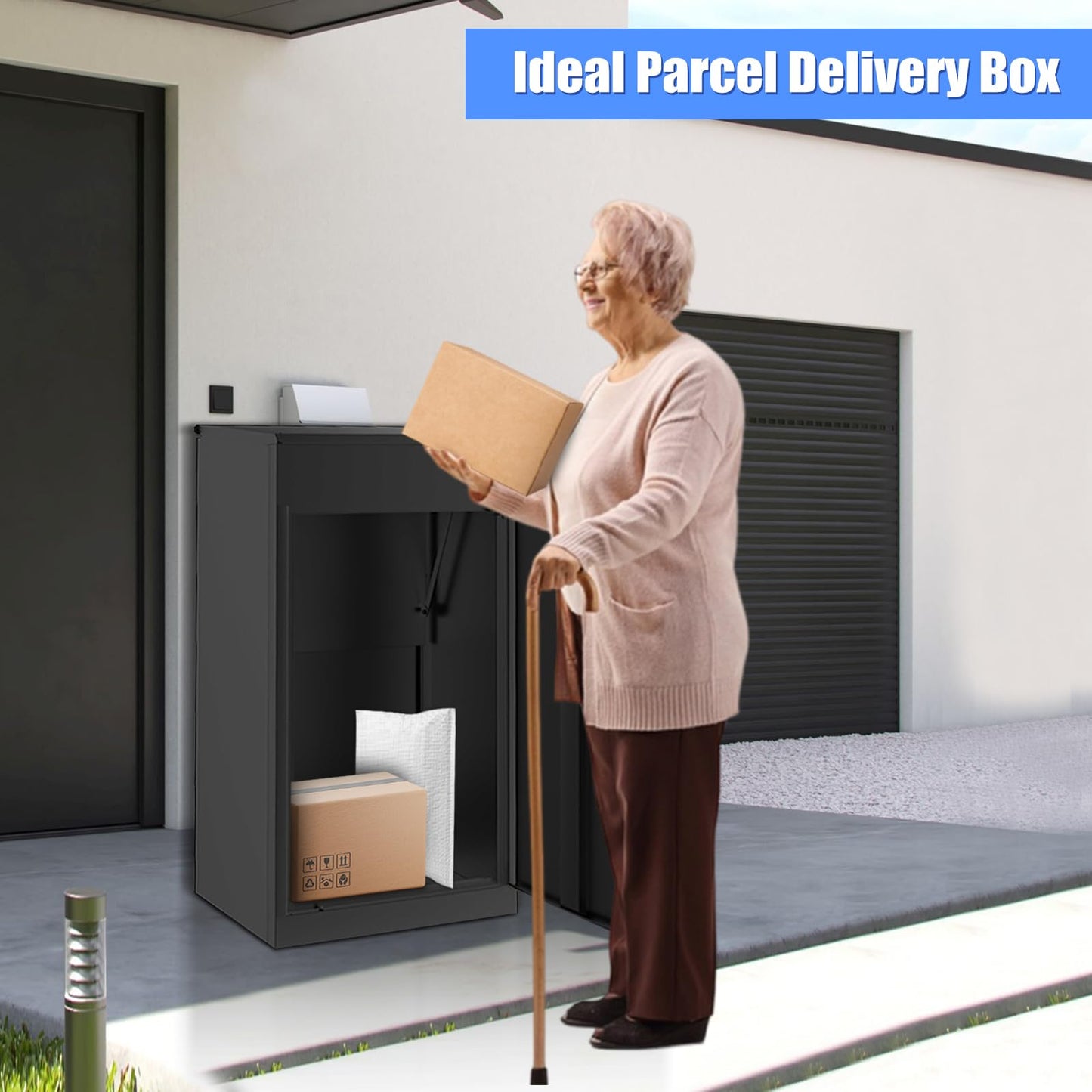 Large Package Delivery Boxes for Outside, 21.5"L X 17.7"W X 39.4"H Parcel Drop Boxes with Double Lock, Waterproof Anti-Theft Mailbox with Floor Spikes, Heavy-Duty Steel Secure Package Delivery Box