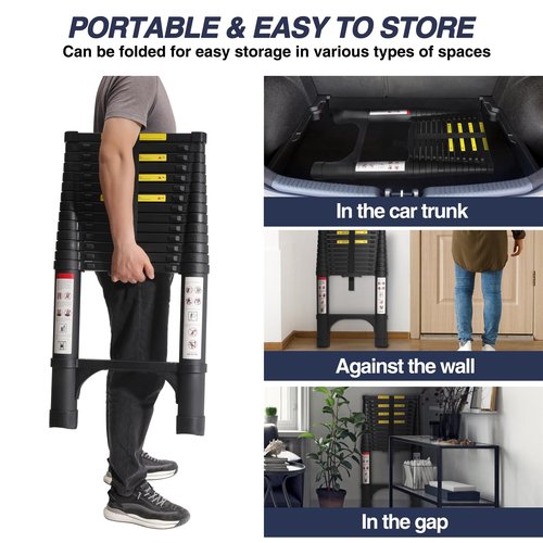 BOCOM 14.5 FT Aluminum Telescoping Ladder, Lightweight Multi-Purpose Collapsible Extension with 2 Triangle Stabilizers, Heavy Duty 330 lbs Max Capacity, Ideal for Home, RV, and Outdoor Work Black
