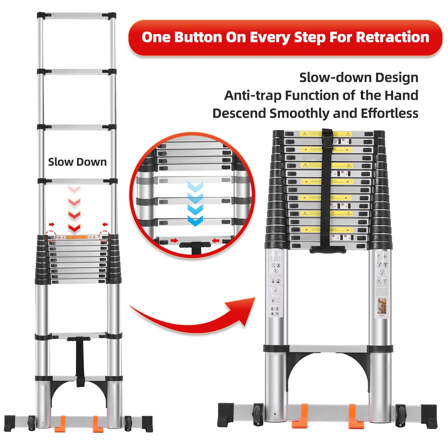 DEZEX Telescoping Ladder 20.3 FT,Aluminum Lightweight Extension Ladder with 2 Triangle Stabilizers and 2 Detachable Hooks,Safety Lock Slow Down Design Collapsible Telescopic Ladder for Home Outdoor