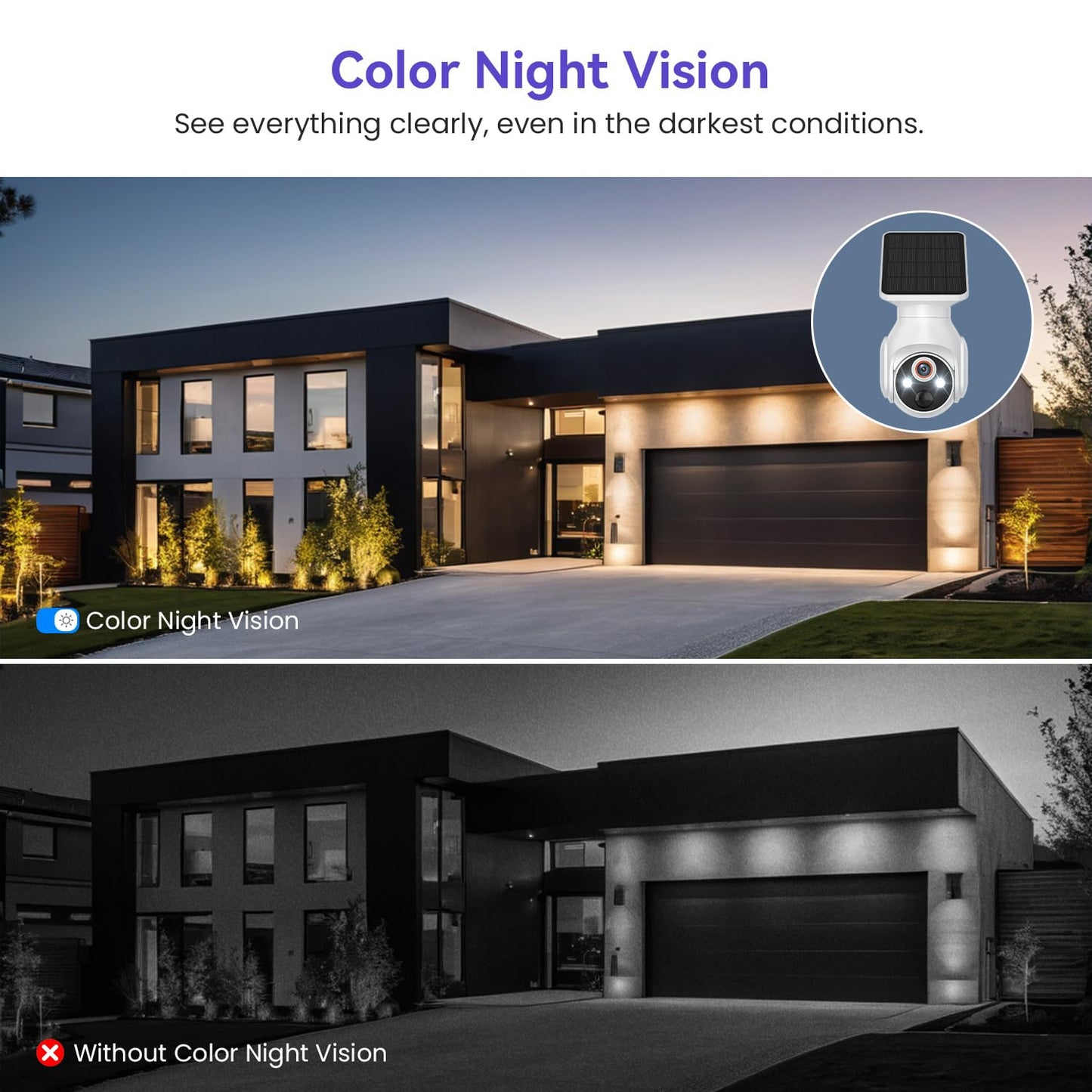 MeshSear 1080P Solar Security Cameras Wireless Outdoor, 360° View Pan/Tilt, Color Night Vision, Easy to Install, Real-Time Alerts, 2-Way Audio, Cloud Storage (Sold Separately), 2.4Ghz Wi-Fi Only