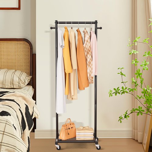 MISSLO Small Clothes Racks for Hanging Clothes Clothing Rack with Wheels 60" Metal Garment Rack with Shelves Portable Rolling Wardrobe Rack for Small Space, Black