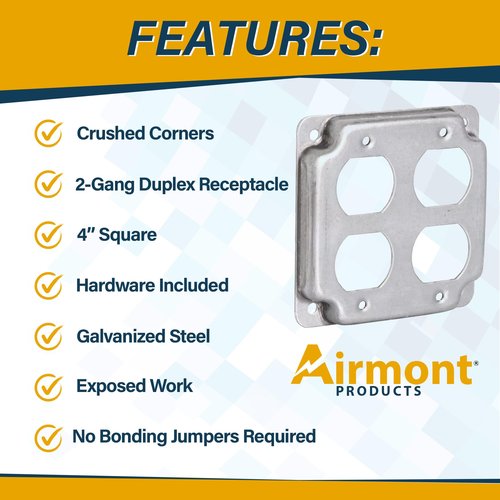 Outlet Box Kit, Includes 4x4'' Welded Metal Electrical Box, 2 Tamper Resistant 20 Amp Duplex Receptacle Outlets, Duplex Receptacle 4x4'' Cover, 16 Knockouts, Green Pigtail Grounding Wire and Screw