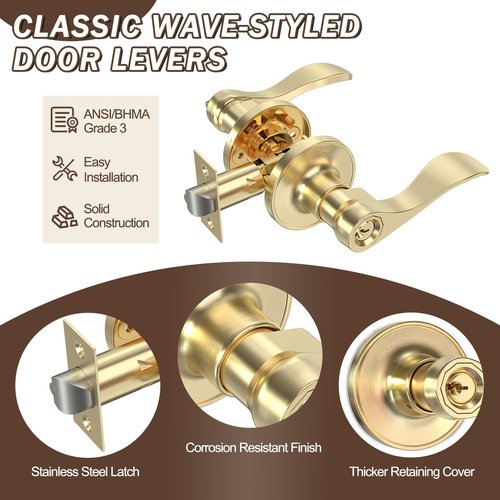 ANSIONLOK Stain Brass Keyed Entry Door Handle, Wave Style Door Lever Lock with 3 Keys & Screwdriver, Interior Exterior Entrance Reversible Door Handles, 1 Pack