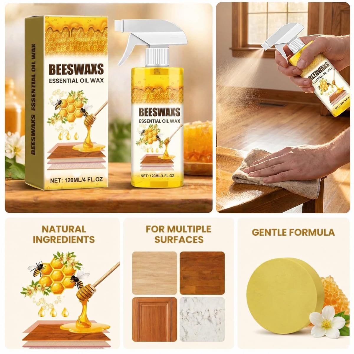 Beeswax Wood Polish Spray – Natural Beeswax Furniture Polish & Wood Cleaner, Multi-Purpose Wood Care Spray for Cabinets, Tables & Floors, Restores Shine & Protects Surface (1 Pack)