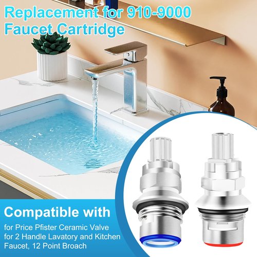 2 Pack 910-9000 Ceramic Disc Cartridge Replacement, Compatible with Price Pfister Hot & Cold Ceramic Valve, Faucet Cartridge, for 2 Handle Lavatory and Kitchen Faucets, 12 Point Broach﻿