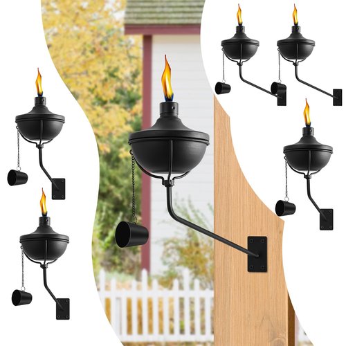 FAN-Torches Wall Mounted Citronella Torches Set of 6, 24 oz Garden Torches for Outside, Refillable Flame Light Torch, Outdoor Metal Torch for Yard, Patio, Deck, Garden, Party, Landscape