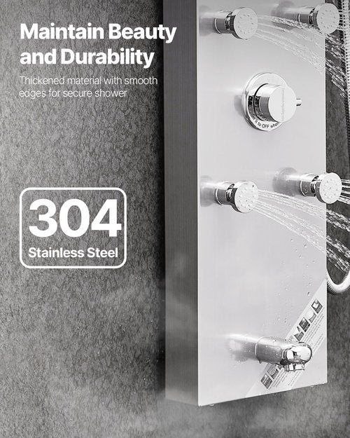 VEVOR Shower Panel Tower System with Rainfall Shower Head, LED, 49 in Brushed Stainless Steel Shower Column, 4-Function Faucet, Wall-Mount Rain Massage System with 6 Body Jets, Handheld, and Tub Spout