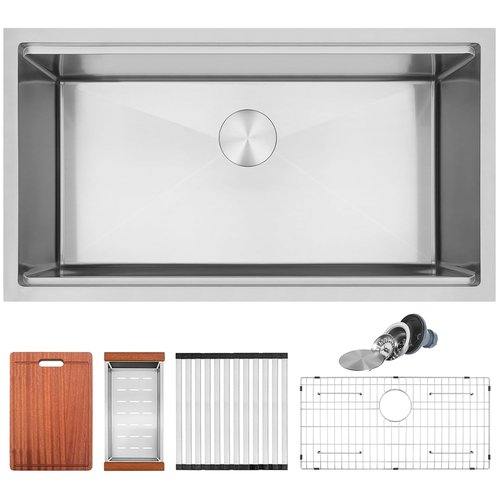 MONSINTA Undermount Kitchen Sink, 33" x 18" x 10" Single Bowl Workstation Sink, 33 Inch Large and Deep Stainless Steel Handmade Kitchen Sinks with Accessories, 10 Inch Depth