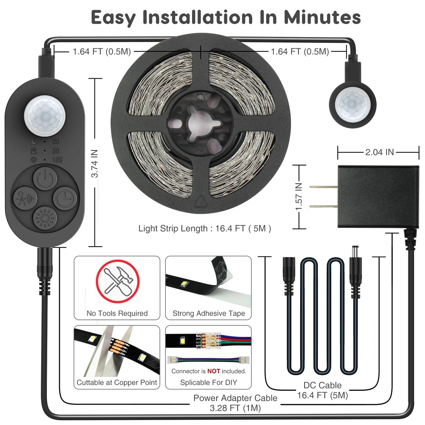 NIVOTA Dual Motion Sensor Light Indoor - Plug-in Motion Activated Step Light Strip with Double Motion Sensors, Dimmer, and Timer for Stairway, Bedroom, Corridor - Warm White 3000K, 16.4FT, 150 LEDs