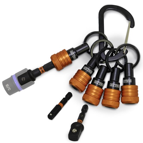 Railer Keychain Bit & Socket Holder - 1/4" Hex Bit Holders w/Impact Socket Adapters - Quick-Change Design For Nut Drivers, Screwdriver & Drill Bits. Easy Convert To 1/4", 3/8" & 1/2" Socket Holder