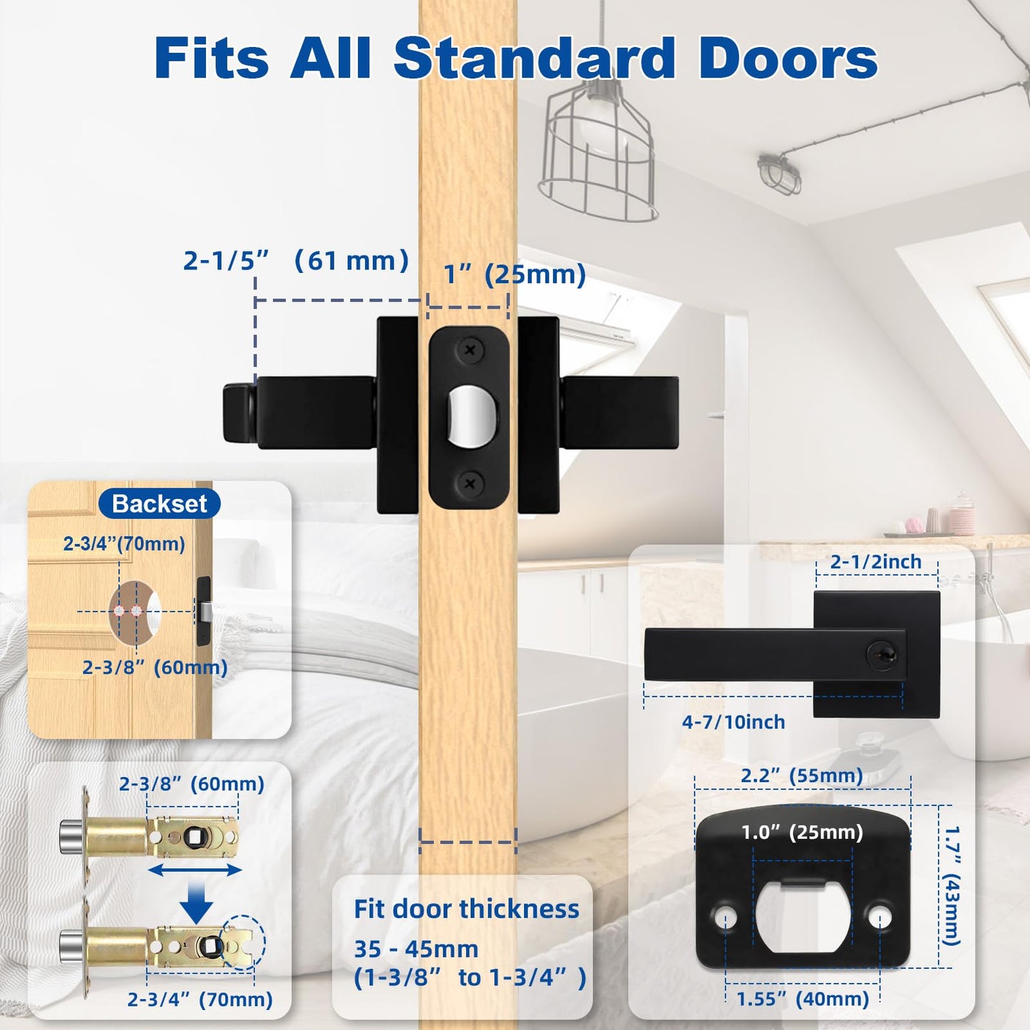 Estmoon Door Lock Matte Black Door Knob with Lock, Heavy Duty Keyed Front Door Handle Exterior Lockset, Entrance Exterior Door Knob for Bedroom, Bathroom, Front Door, Office, 1 Pack