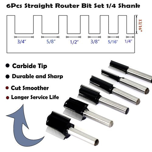 6Pcs Straight Router Bit Set 1/4 Shank, Double Flute Straight Bit Dado Straight Cut Router Bit, Cut Dia 3/4", 5/8", 1/2", 3/8", 5/16", 1/4", Straight Router Bit for Woodworking Groove by SICWOOD