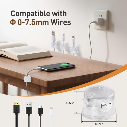 AGPTEK 8 Pack Magnetic Cable Clips, Upgraded 360° Rotatable Cord Holder Clips for Nightstand, Desk Cord Organizer Adhesive Wire Management Home Office Phone Charging Cords USB Cable Keeper (Clear)