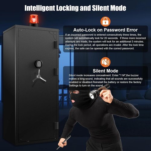 30 Gun Safe, Large Rifle Safe for Rifle and Shotgun/Rifle Pistol Rack/Storage Pocket/Removable Shelf/Silent Mode/External Battery/LED/Key,180° Open Door Panel Organizer Long GunSafe(Large Version)