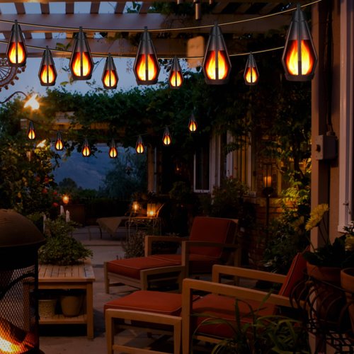 Solar String Lights Outdoor Waterproof, 20ft Outdoor Solar String Lights, Gazebo Lights, Solar Flame Lights with 10 Flickering Flame Bulbs for Outside Camping Backyard Garden Decor