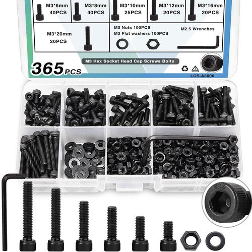 365PCS Screw Kit - M3 Hex Socket Head Cap Screws Assortment with Nuts and Washers, 6/8/10/12/16/20mm, 12.9 Grade Alloy Steel, Black Zinc Plated, M3 Bolts for 3D Printing