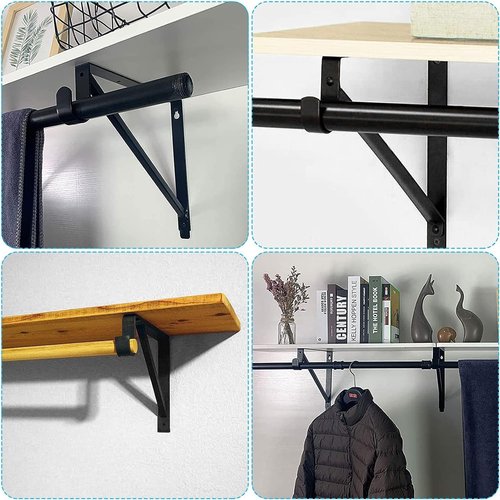 6 Pack Heavy Duty Black Steel Closet Brackets, 11 x 11 Inch Closet Rod Bracket,Supports 300 lbs, Wall Mount Closet Pole Supports Bracket Hook with Screws